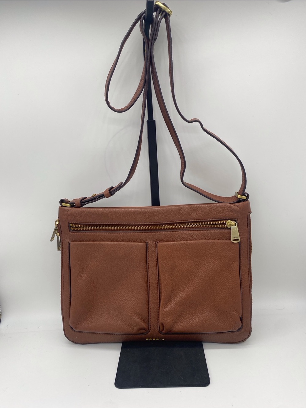 Expandable size Fossil Cognac Leather Front-Pocket Crossbody